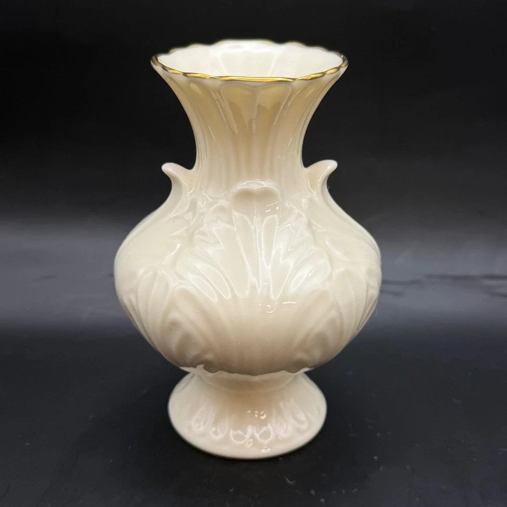 Vtg Lenox 2pc Mixed Lot Ivory Cream 24K Gold Bud Vase Grape Harvest Mini Pitcher
